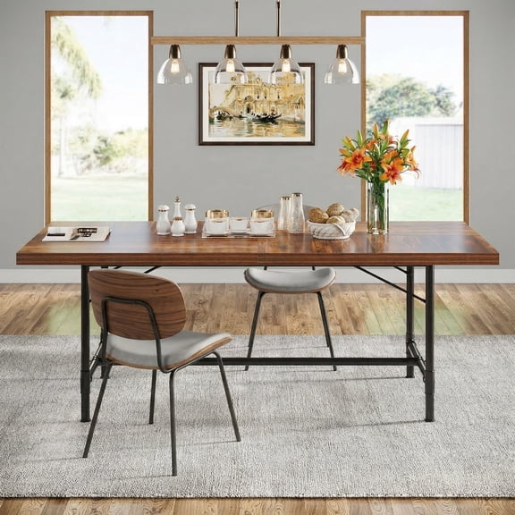 Fnova 70.9" Rectangular Wooden Dining Table for 6-8 People, Kitchen Table with Metal Legs for Dining Room Living Room, Brown