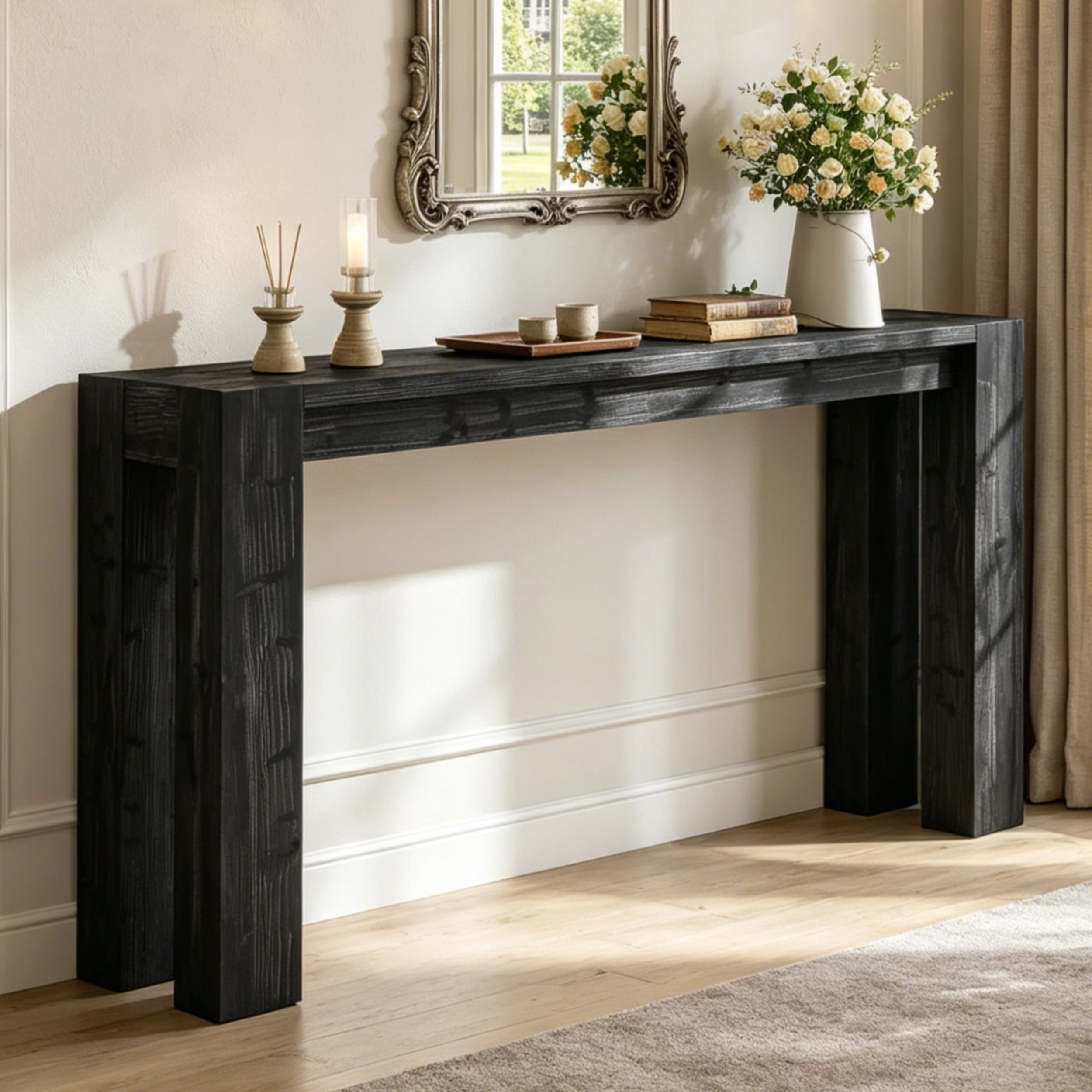Fnova 70.9" Solid Wood Black Console Table, Farmhouse Extra Long Narrow Entryway Table, Heavy Duty Sofa Table for Living Room, Hallway, Foyer