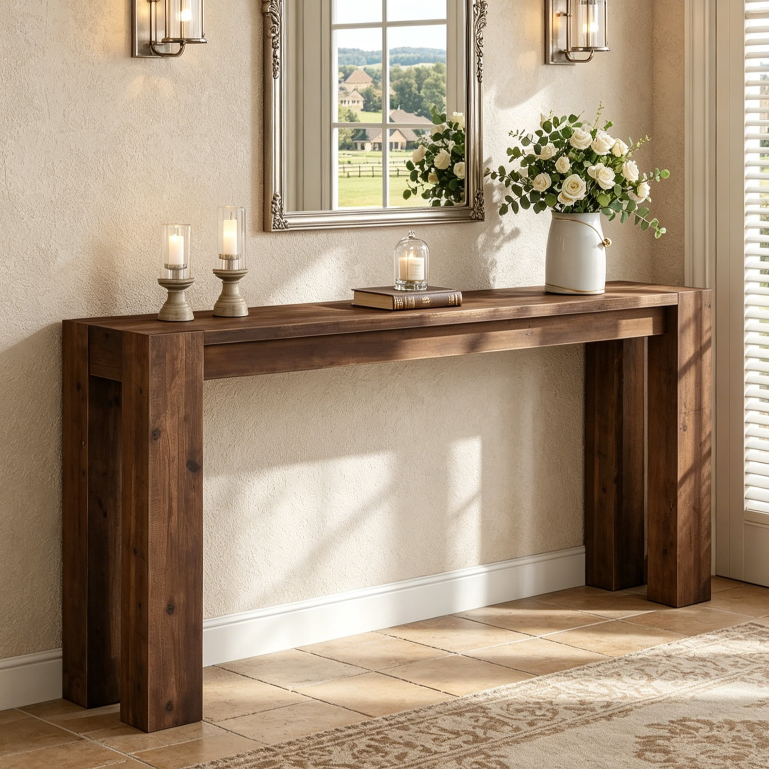 Fnova 70.9" Solid Wood Black Console Table, Farmhouse Extra Long Narrow Entryway Table, Heavy Duty Sofa Table for Living Room, Hallway, Foyer