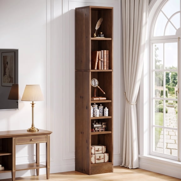 Fnova 70.9" Solid Wood Bookshelf, 5-Tier Tall Narrow Bookcase for Small Spaces, Freestanding Wood Display Storage Shelf for Living Room, Bedroom, Home Office, Brown