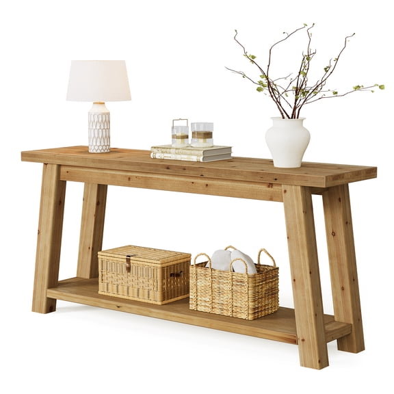 Fnova 70.9" Solid Wood Console Table, Farmhouse 2-Tier Entryway Table with Storage, Narrow Long Sofa Table for Living Room, Hallway