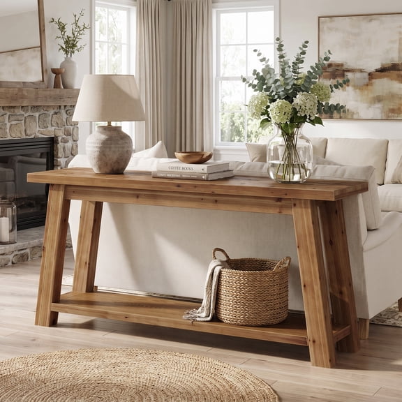 Fnova 70.9" Solid Wood Console Table, Farmhouse 2-Tier Entryway Table with Storage, Narrow Long Sofa Table for Living Room, Hallway