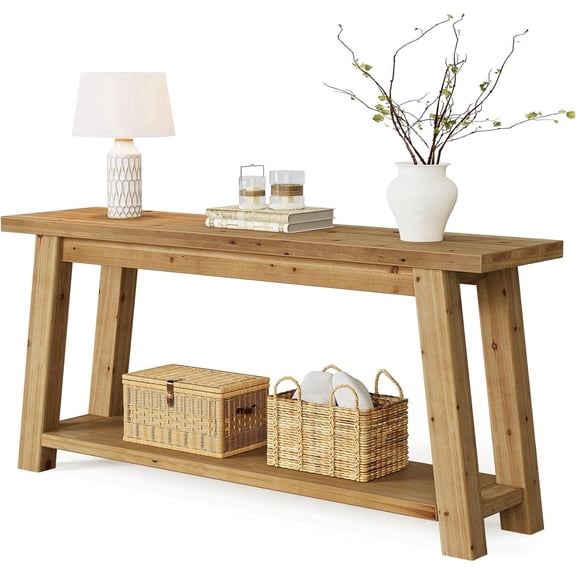 Fnova 70.9" Solid Wood Console Table, Farmhouse 2-Tier Entryway Table with Storage, Narrow Long Sofa Table for Living Room, Hallway