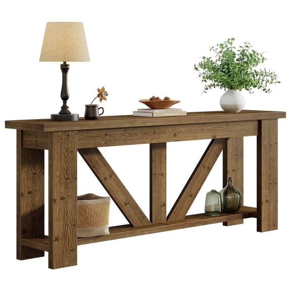 Fnova 70.9" Solid Wood Farmhouse Console Table, 2-Tier Extra Long Entryway Table with Storage, Narrow Sofa Table for Living Room, Hallway, Foyer