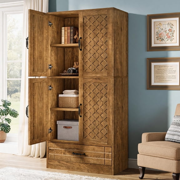 Fnova 70" Bookcase with Door & Drawer, Farmhouse Storage Cabinet Library Bookshelves for Home Office, Rustic Brown
