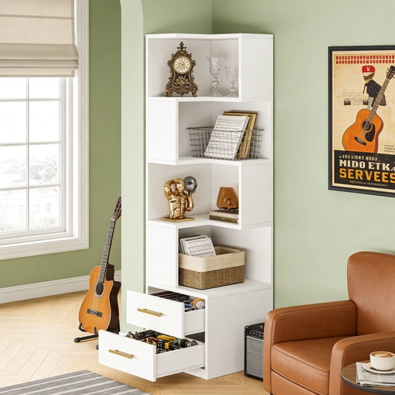 Fnova 70" Conner Bookcase with 4-Tier Open Display Storage Shelves 2 Drawers, Large Book Shelf Bookcase Bookshelf for Living Room, Home Office, Bed Room