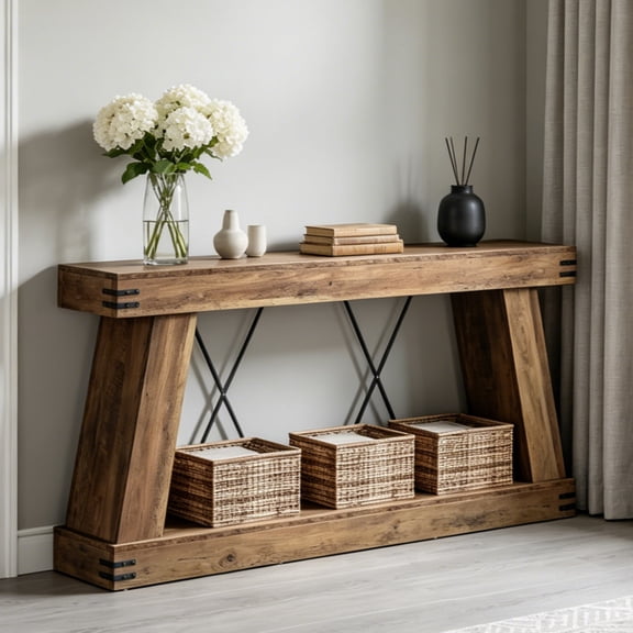 Fnova 70" Farmhouse Console Table, Long 2-Tier Entryway Table with X-Shaped Metal Support, Narrow Wood Sofa Table for Living Room, Hallway, Behind Couch, Brown