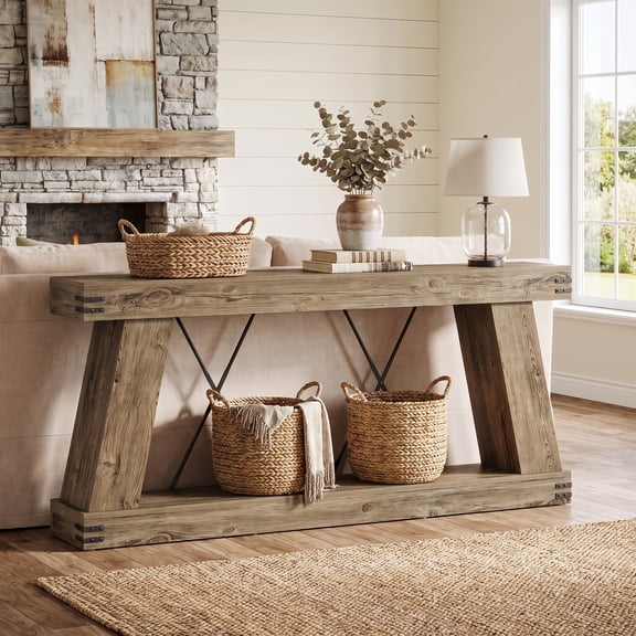 Fnova 70" Farmhouse Console Table, Long 2-Tier Entryway Table with X-Shaped Metal Support, Narrow Wood Sofa Table for Living Room, Hallway, Behind Couch, Light Brown
