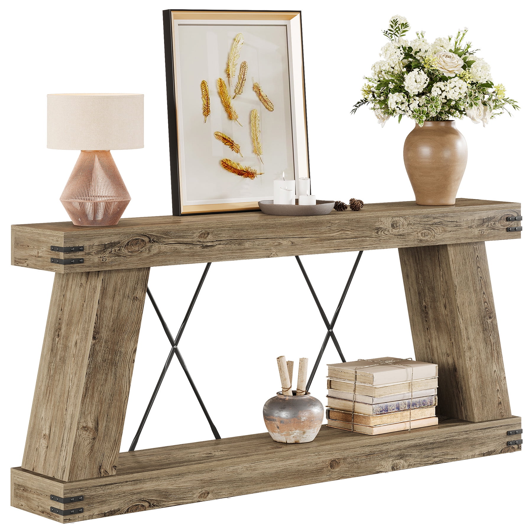 Fnova 70" Farmhouse Console Table, Long 2-Tier Entryway Table with X-Shaped Metal Support, Narrow Wood Sofa Table for Living Room, Hallway, Behind Couch, Light Brown