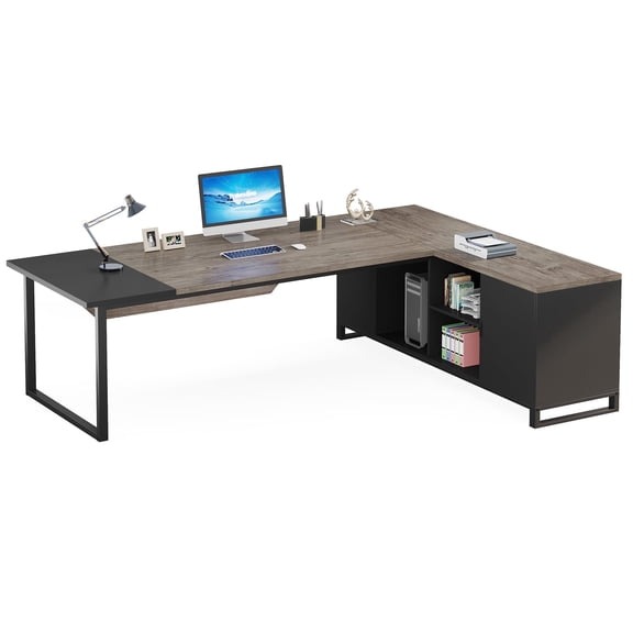 Fnova 70" L-Shaped Executive Desk with Storage Cabinet, Large Corner Office Desk with Privacy Baffle, Modern Computer Desk for Home Office
