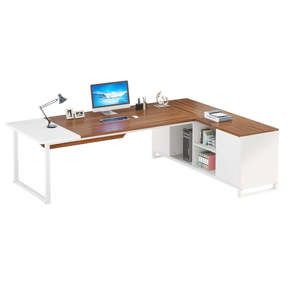 Fnova 70" L-Shaped Executive Desk with Storage Cabinet, Large Corner Office Desk with Privacy Baffle, Modern Computer Desk for Home Office