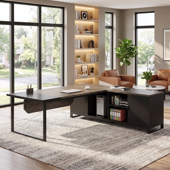 Fnova 70" L-Shaped Executive Desk with Storage Cabinet, Large Corner Office Desk with Privacy Baffle, Modern Computer Desk for Home Office