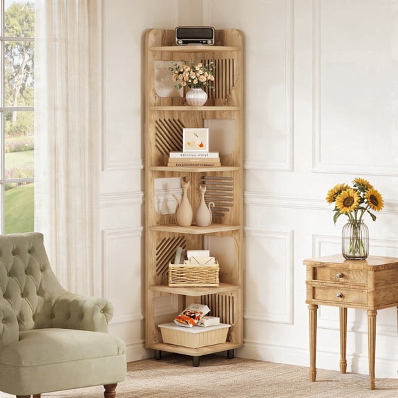 Fnova 71" 6-Tier Tall Corner Bookshelf, Rustic Wooden Narrow Corner Bookcase with Artistic Square Rack, Freestanding Display Storage Shelf for Space-Saving Home Organizing