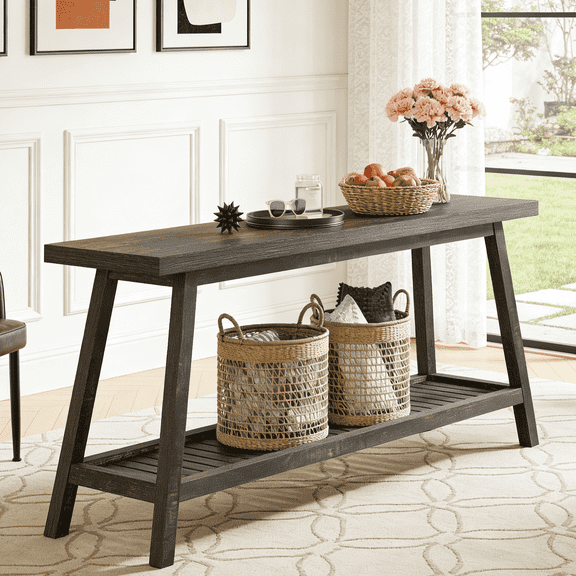 Fnova 71" Farmhouse 2-Tier Console Table, Sofa Table with Lower Shelf, Heavy-Duty Trapezoid Base, for Entryway/Living Room, Easy Assembly