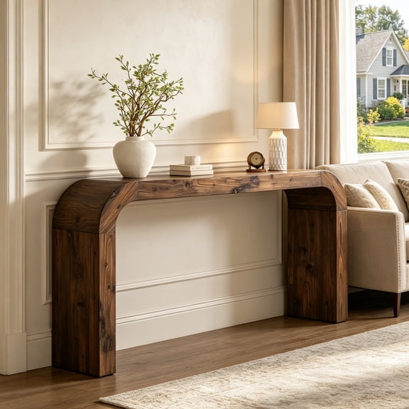 Fnova 71" Farmhouse Console Table, Solid Wood Entryway Table Sofa Table with Curved Corners, for Hallway, Living Room, Behind Couch, Foyer
