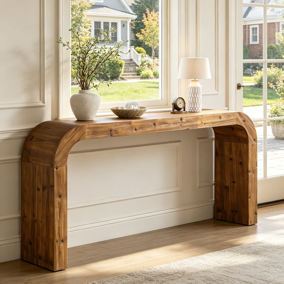 Fnova 71" Farmhouse Console Table, Solid Wood Entryway Table Sofa Table with Curved Corners, for Hallway, Living Room, Behind Couch, Foyer
