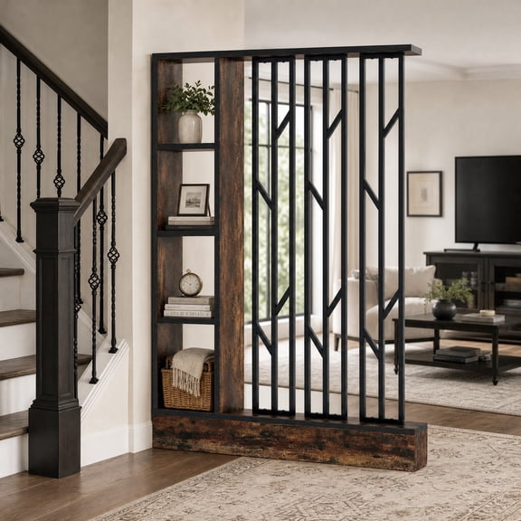 Fnova 71" Freestanding Room Divider with Shelves, Wood and Metal Wall Partition with Wide Base, Rustic Brown