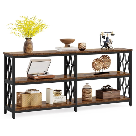 Fnova 71 Inch 3-Tier Industrial Console Table with Storage Shelves, Long Entryway Table, Hallway Foyer Table, Sofa Table Behind Couch for Living Room, Brown & Black