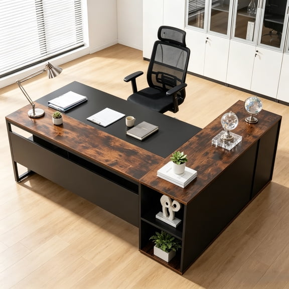 Fnova 71" L-Shaped Desk, Large Corner Computer Table, Executive Office Desk with Storage Shelves, Heavy-Duty Conference Table for Home Office