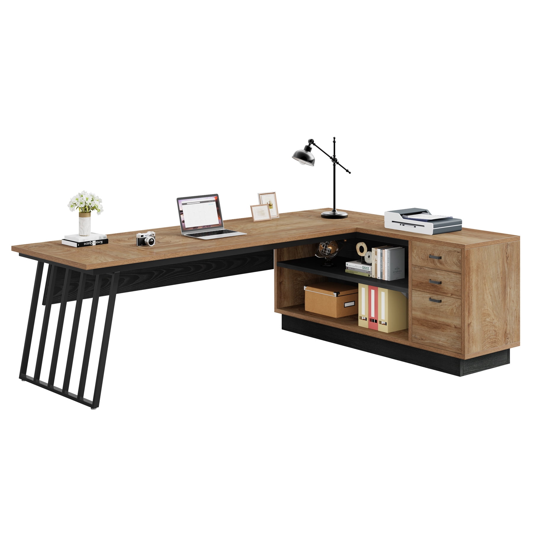 Fnova 71" L-Shaped Executive Desk with Storage Drawers and Open Shelves, Industrial Office Desk Writing Desk with File Cabinet, Spacious Corner Computer Desk for Home Office