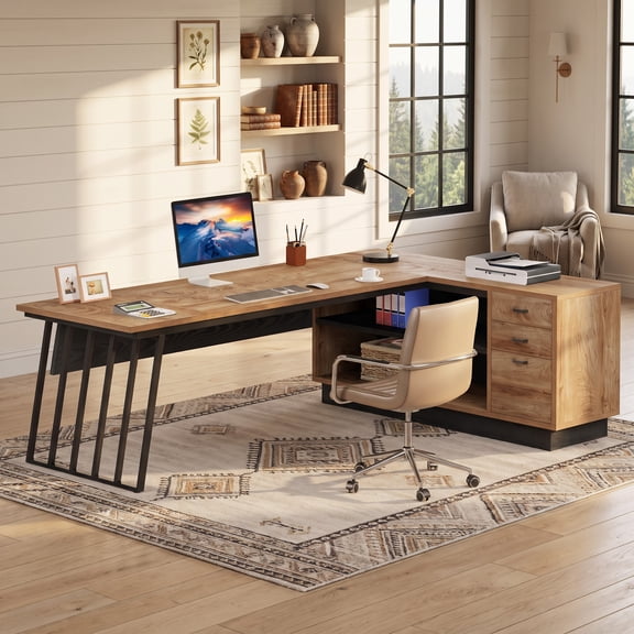 Fnova 71" L-Shaped Executive Desk with Storage Drawers and Open Shelves, Industrial Office Desk Writing Desk with File Cabinet, Spacious Corner Computer Desk for Home Office