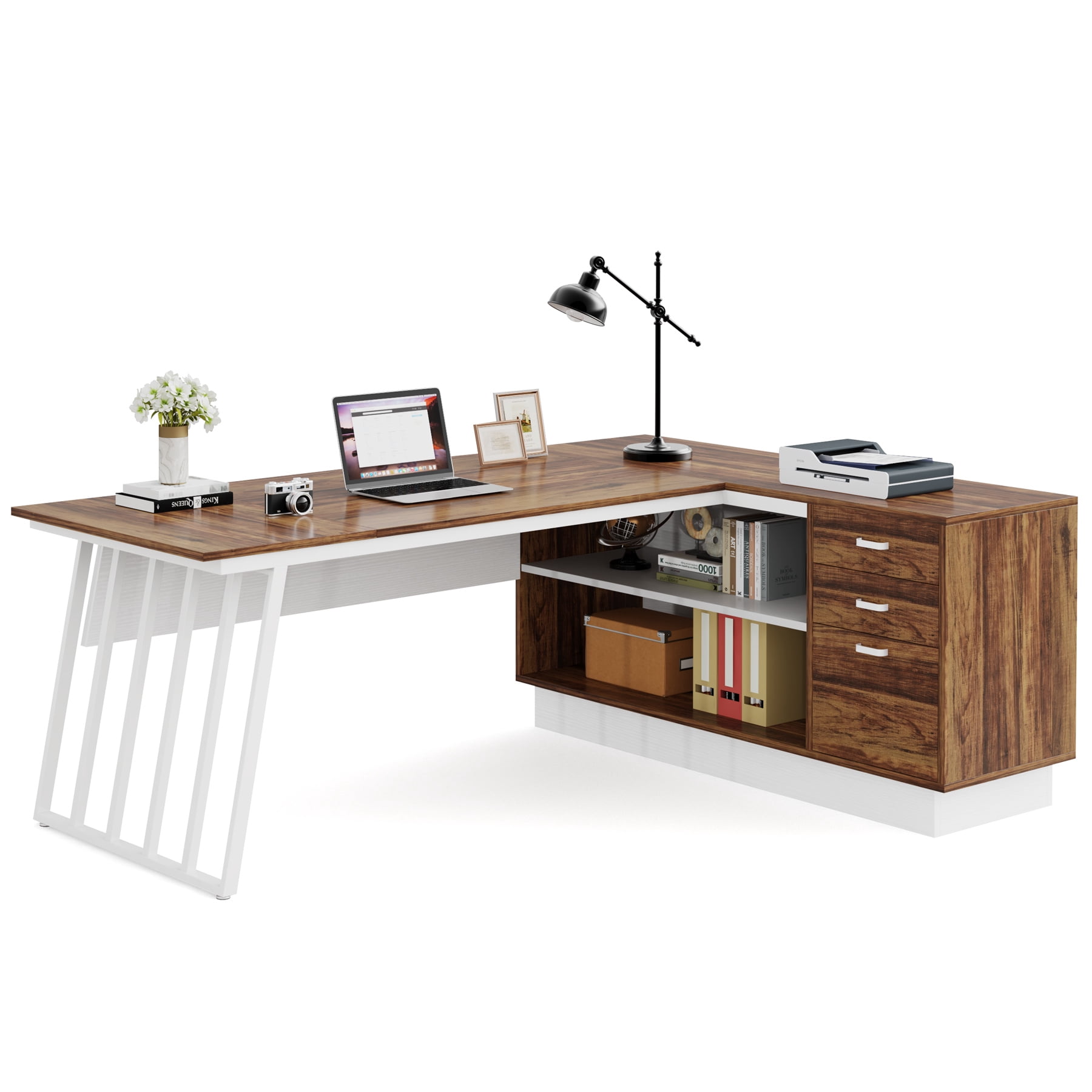 Fnova 71" L-Shaped Executive Desk with Storage Drawers and Open Shelves, Industrial Office Desk Writing Desk with File Cabinet, Spacious Corner Computer Desk for Home Office