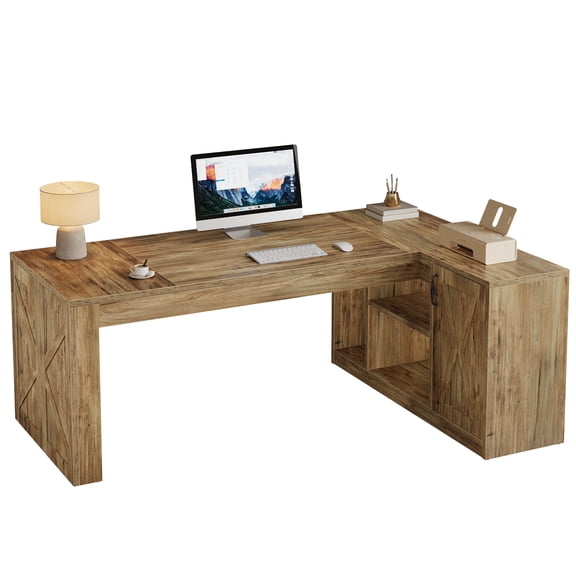 Fnova 71" L-Shaped Executive Desk with Storage Cabinet, Modern Office Desk Writing Desk, Computer Desk for Home Office