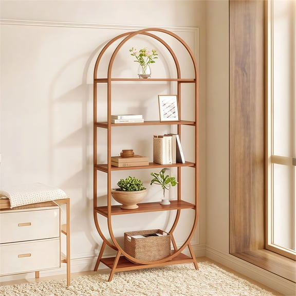 Fnova 71" Storage Shelf with 5 Shelves, Standing Display Rack, Tall Arched Bookcase Bookshelf, for Study, Office, Living Room, Bedroom, Kitchen, Brown