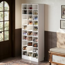 Fnova 71" Storage Shelf, Modern Freestanding Wooden Bookshelf, 30-Cubby Shoe Cabinet With 8 Adjustable Shelves, Large Open Bookcase Display Organizer for Living Room, Bedroom, Home Office, White