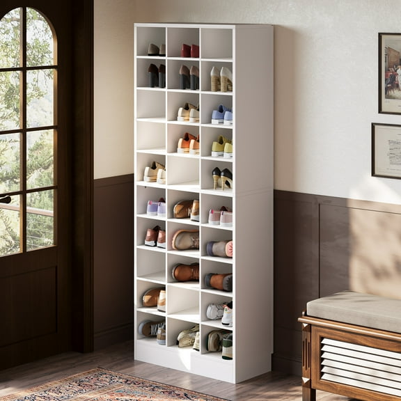 Fnova 71" Storage Shelf, Modern Freestanding Wooden Bookshelf, 30-Cubby Shoe Cabinet With 8 Adjustable Shelves, Large Open Bookcase Display Organizer for Living Room, Bedroom, Home Office, White