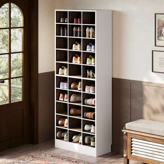 Fnova 71" Storage Shelf, Modern Freestanding Wooden Bookshelf, 30-Cubby Shoe Cabinet With 8 Adjustable Shelves, Large Open Bookcase Display Organizer for Living Room, Home Office, White Brown