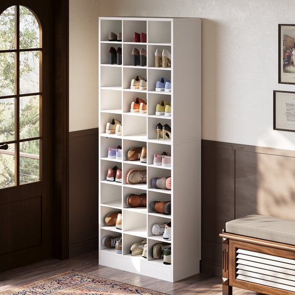 Fnova 71" Storage Shelf, Modern Freestanding Wooden Bookshelf, 30-Cubby Shoe Cabinet With 8 Adjustable Shelves, Large Open Bookcase Display Organizer for Living Room, Bedroom, Home Office, White