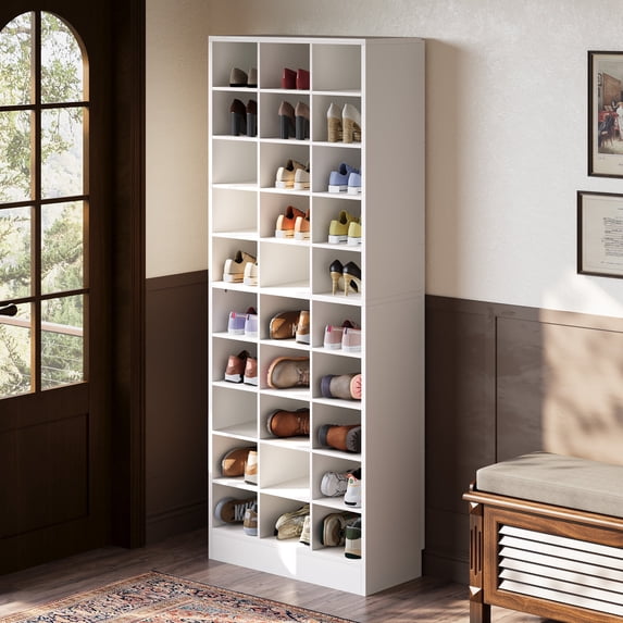 Fnova 71" Storage Shelf, Modern Freestanding Wooden Bookshelf, 30-Cubby Shoe Cabinet With 8 Adjustable Shelves, Large Open Bookcase Display Organizer for Living Room, Bedroom, Home Office, White
