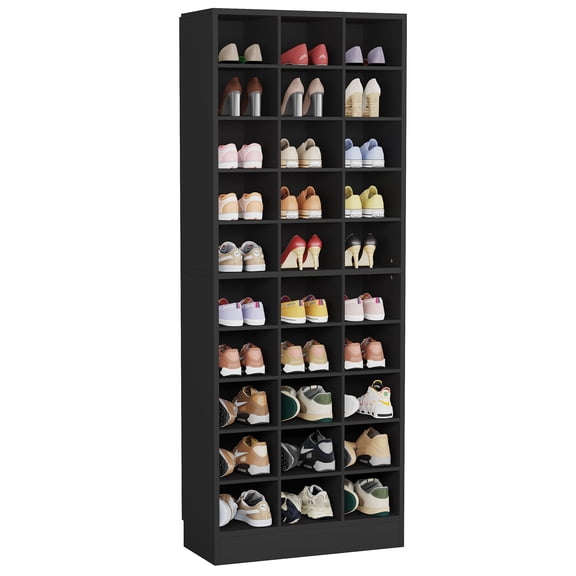 Fnova 71" Storage Shelf, Modern Freestanding Wooden Bookshelf, 30-Cubby Shoe Cabinet With 8 Adjustable Shelves, Large Open Bookcase Display Organizer for Living Room, Bedroom, Home Office, Black