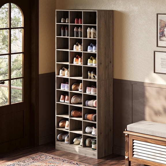 Fnova 71" Storage Shelf, Modern Freestanding Wooden Bookshelf, 30-Cubby Shoe Cabinet With 8 Adjustable Shelves, Large Open Bookcase Display Organizer for Living Room, Bedroom, Home Office, Gray