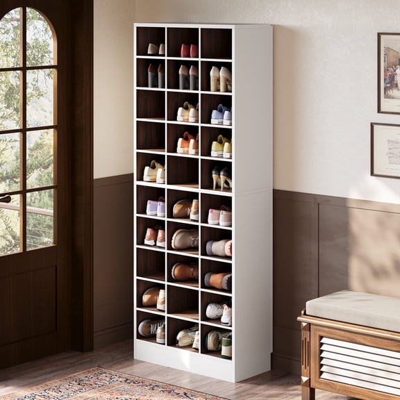 Fnova 71" Storage Shelf, Modern Freestanding Wooden Bookshelf, 30-Cubby Shoe Cabinet With 8 Adjustable Shelves, Large Open Bookcase Display Organizer for Living Room, Home Office, White Brown