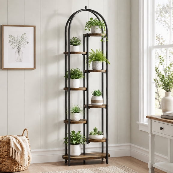 Fnova 71" Tall Arch Plant Stand, 8-Tier Plants Stand with Metal Support Frame for Living Room, Patio, Brown & Black