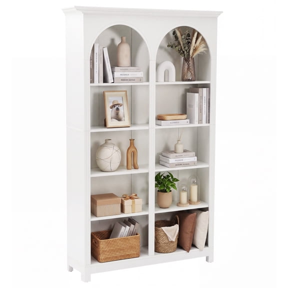 Fnova 71" Tall Arched Bookcase, 5-Tier Freestanding Wooden Display Bookshelf, Large Commercial-Grade Library Book Shelf Unit for Office, Reception, White