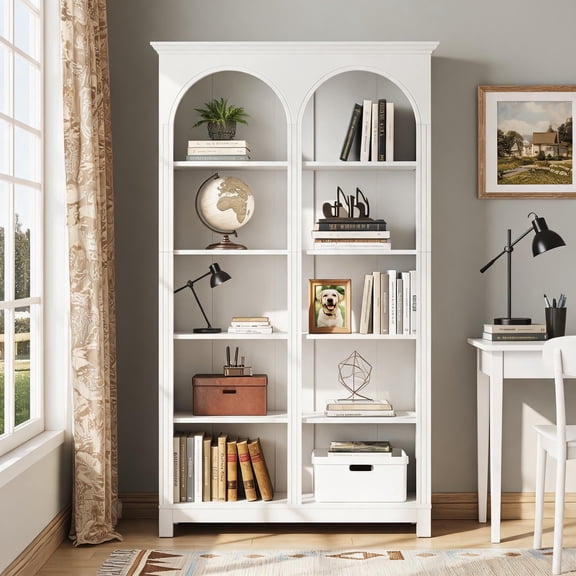 Fnova 71" Tall Arched Bookcase, 5-Tier Freestanding Wooden Display Bookshelf, Large Commercial-Grade Library Book Shelf Unit for Office, Reception, White