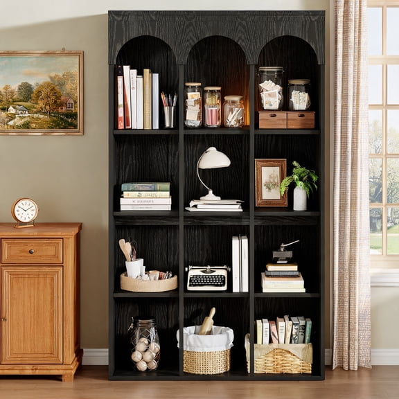 Fnova 71" Tall Arched Bookcase, 5-Tier Large Commercial-Grade Library Bookshelf, Black