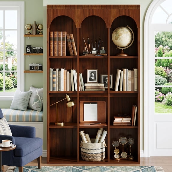 Fnova 71" Tall Arched Bookcase, 5-Tier Large Commercial-Grade Library Bookshelf, Walnut Brown