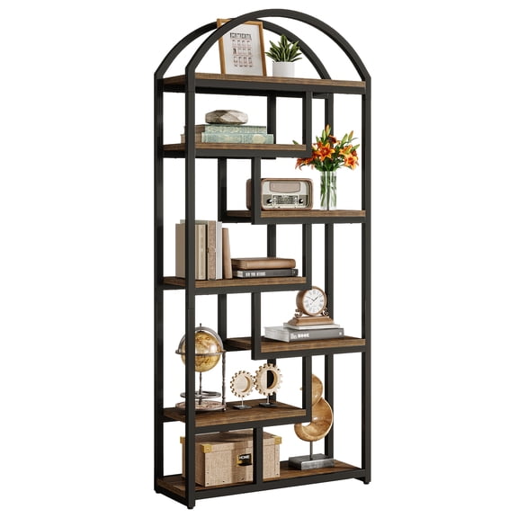 Fnova 71" Tall Arched Storage Shelf Unit, Industrial Staggered Open Bookcase Display for Living Room Bedroom Home Office Entryway