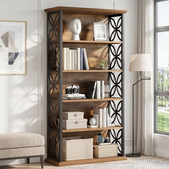 Fnova 71" Tall Industrial Bookshelf, 6-Tier Tall Bookcase, Wood Storage Display Shelves with Metal Frame for Home Office, Rustic Brown