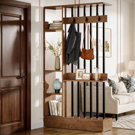 Fnova 71" Wall Room Divider with Shelves & Coat Hooks, Farmhouse Wall Partition for Home & Office Decorative, Brown