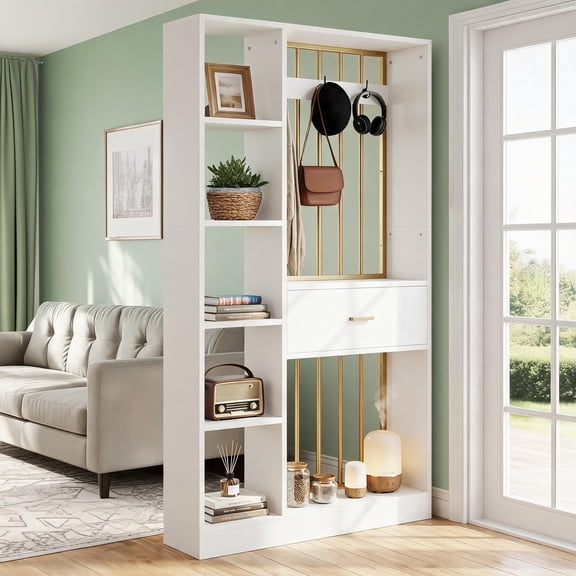 Fnova 71" Wall Room Divider with Shelves, Modern Freestanding Panel Screen with Drawer & Coat Racks, White & Gold