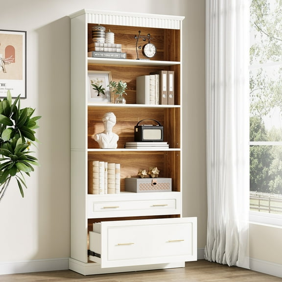 Fnova 72.8" Storage Cabinet with 5-Shelf & 2-Drawer, Tall Wooden Bookcase with Closed Wood Backboard, Bookshelf for Study, Kitchen, Dining Room, Living Room, Easy Assembly