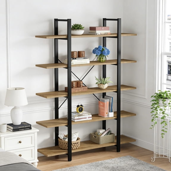 Fnova 72" Industrial 5-Tier Bookshelf, Tall Display Shelf with Metal Frame, MDF Board, Heavy-duty Storage Rack for Kitchen, Dining Room, Living Room, Office, Bedroom, Easy Assembly