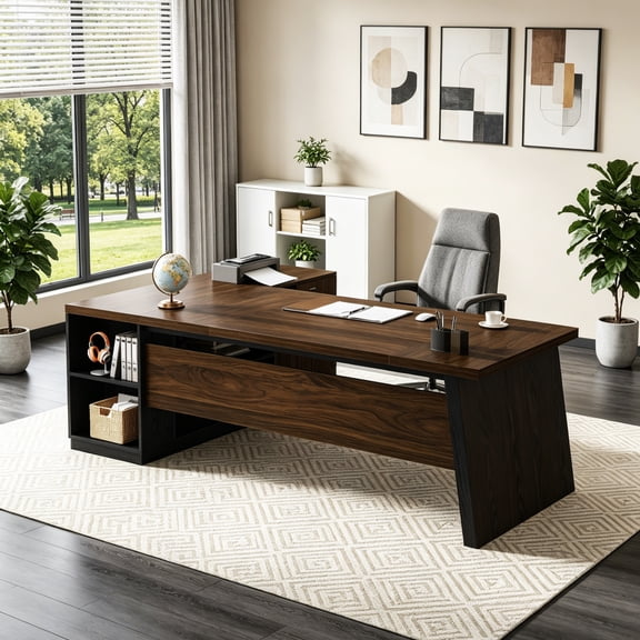 Fnova 77" Large L-Shaped Executive Office Desk with File Drawers and Storage Shelves, Modern Computer Desk Writing Desk for Home Office