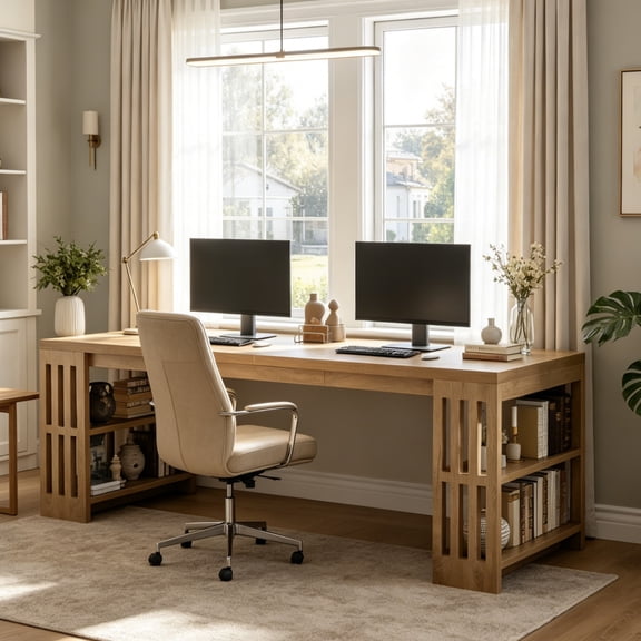 Fnova 78.7'' 2-Person Home Office Desk with Shelves, Extra Wide Double Computer Workstation, for Home Office, Study, Gaming & Bedroom