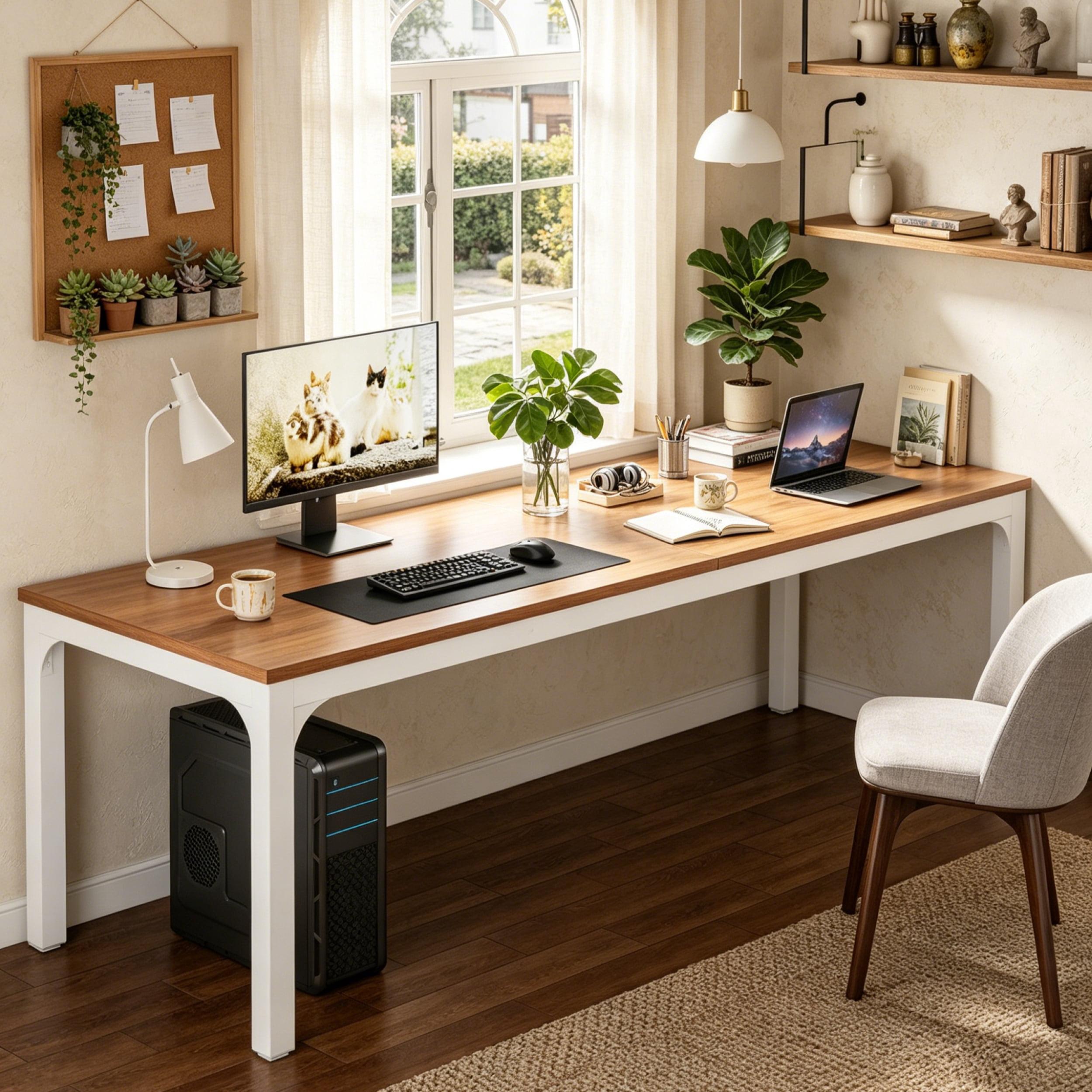 Fnova 78.7" Modern Computer Desk with Wood Desktop, Metal Frame Office Desk, Brown White